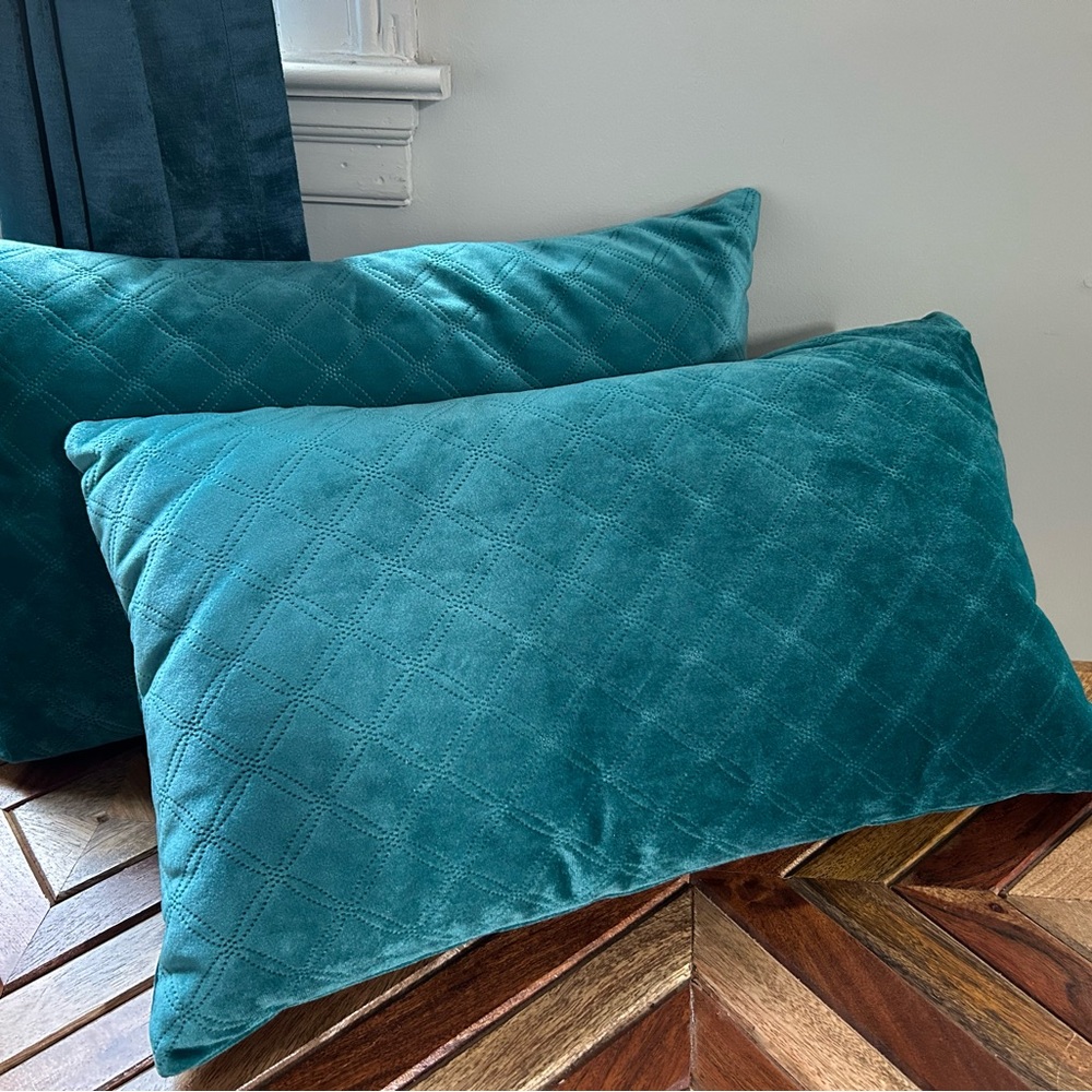 SOLD Plush teal throw pillows, pair